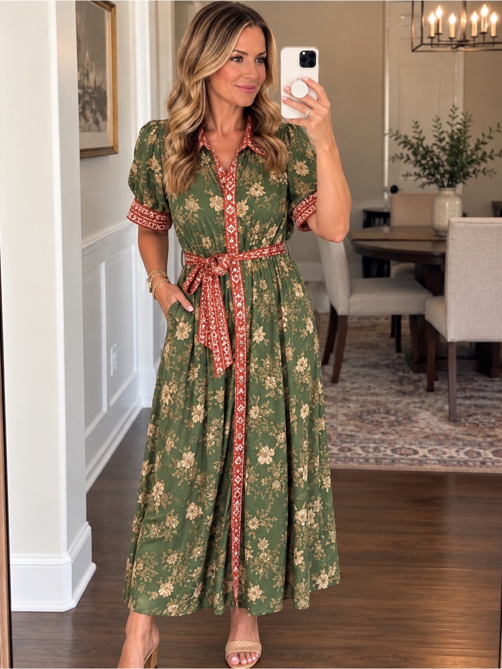 Green Floral Button-Front Midi Dress with Red Trim and Tie Belt with pockets